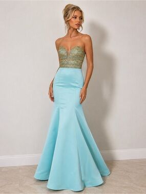 Vienna Prom Strapless Light Blue Mermaid Gown with Gold Beaded Bodice